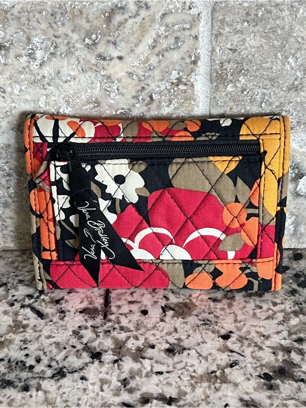Vera Bradley Quilted Floral Trifold Wallet in Red, Orange & Tan - Picture 2 of 3